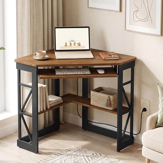 VECELO Corner Desk, Triangle Computer Desk for Small Space with Charging Station and Keyboard Tray, Corner Makeup Table with Storage Shelves for Home Office Bedroom, 41x30, Light Walnut
