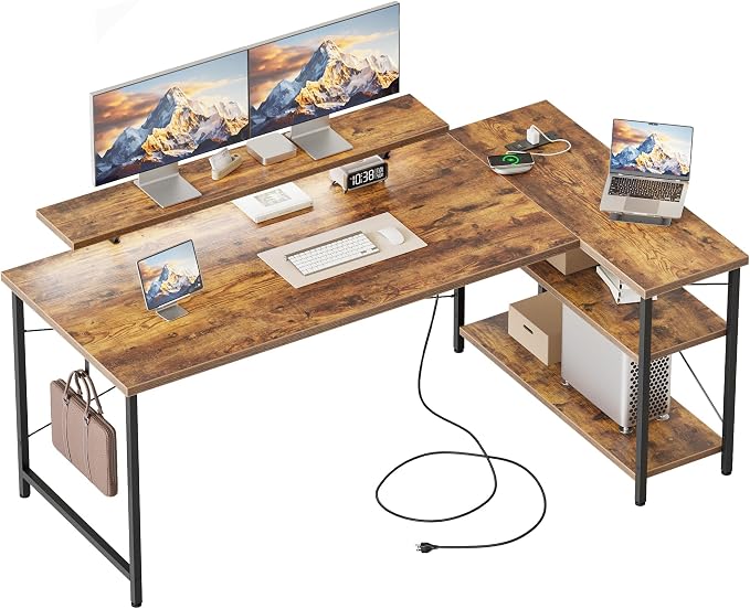 Mericonia 55 in L Shaped Gaming Desk, Large Corner Desk with Monitor Stand | Reversible Computer Desk with Power Outlets, LED Light & Storage Shelves, Office Table for Home Bedroom Study Work Writing