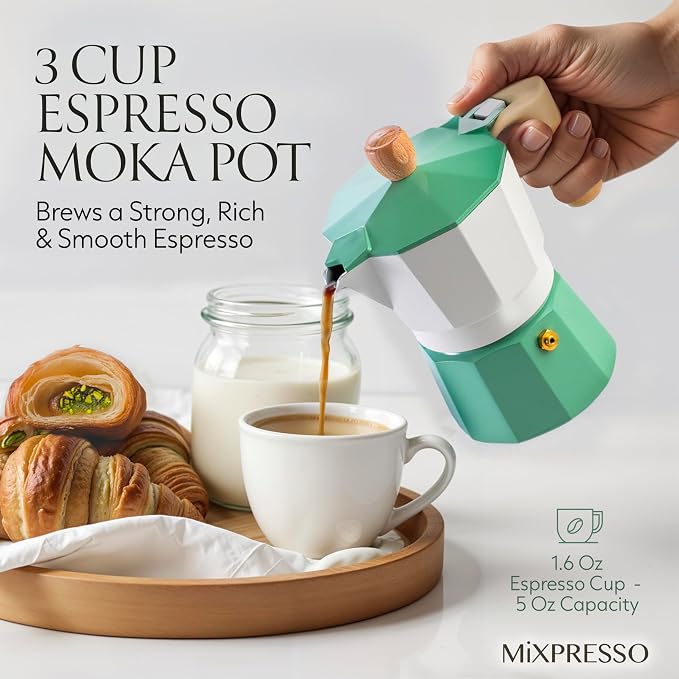 Mixpresso 3 Cup Moka Pot Stovetop Espresso Maker, Italian Cuban Coffee Pot | 5oz aluminum Italian coffee maker for gas and electric stovetops, small design for traditional espresso-style coffee at home