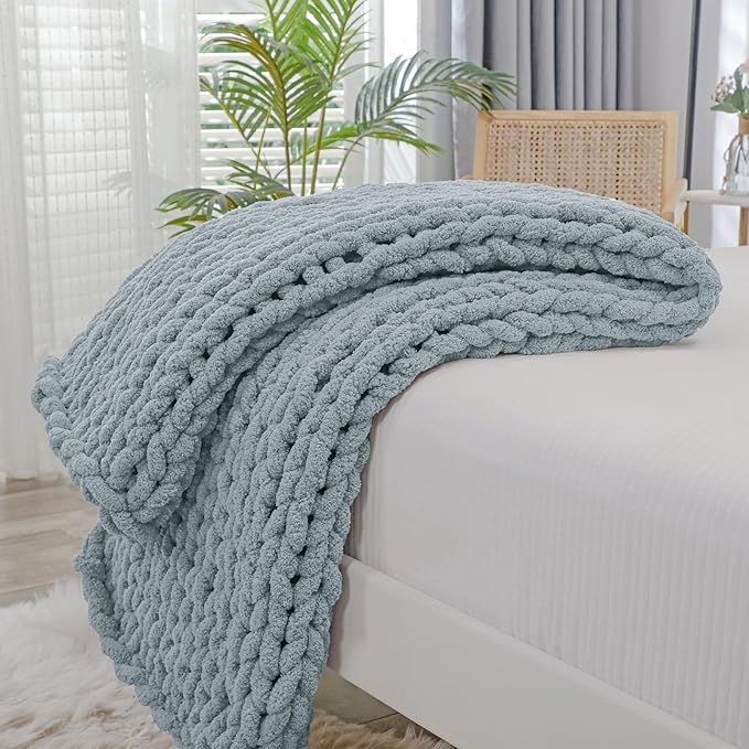 Bigacogo Chunky Knit Throw Blanket for Couch, 40x60 inches, Dusty Blue | Hand Knit with Jumbo Chenille, Soft Breathable Cable Knit for Sofa Bed Living Room, Machine Washable, Gift for Mom Friend