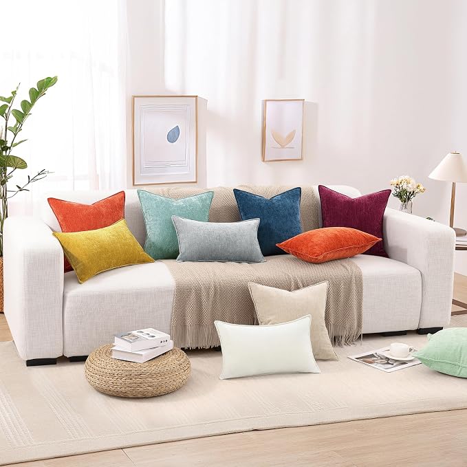 decorUhome Chenille Aqua Haze Velvet Throw Pillow Covers 24x24 Set of 2 | Fall Soft Euro Sham Couch Decorative Modern Farmhouse Pillow Cases with Elegant Design for Sofa Bed Living Room Home Decor