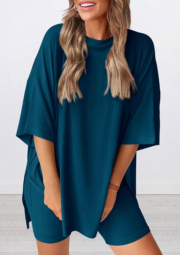 PRETTYGARDEN Women 2 Piece Lounge Set 2026 Summer Casual Oversized Shirts Biker Shorts Matching Airport Travel Outfit Clothes