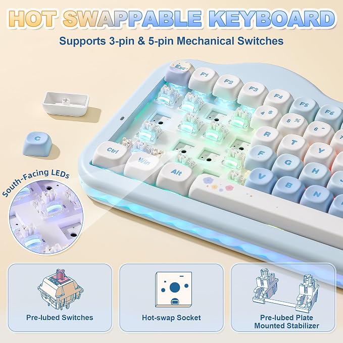 YUNZII C75 Cute 75% Wireless Mechanical Keyboard (Blue, Milk V2 Switch) | Creamy Cake Keyboard, BT5.0/2.4G/USB-C, Hot-Swap, NKRO, PBT MOA Keycaps,5500mAh RGB Gasket Mount for Mac/Win/Gaming/Office