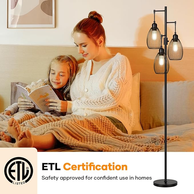 Dimmable Floor Lamp, 3 x 800LM LED Edison Bulbs Included, Farmhouse Industrial Floor Lamp Standing Tree Lamp with Elegant Teardrop Cage Tall Lamps for Living Room Bedroom Office Dining Room-Black