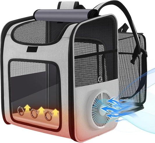 Cat Backpack Carrier with Built-in Cooling Fan & Heating Pad, Expandable Pet Backpack for Cats and Small Dogs up to 16 lbs, Ventilated Travel Carrier for Hiking, Walking & Outdoor, Grey