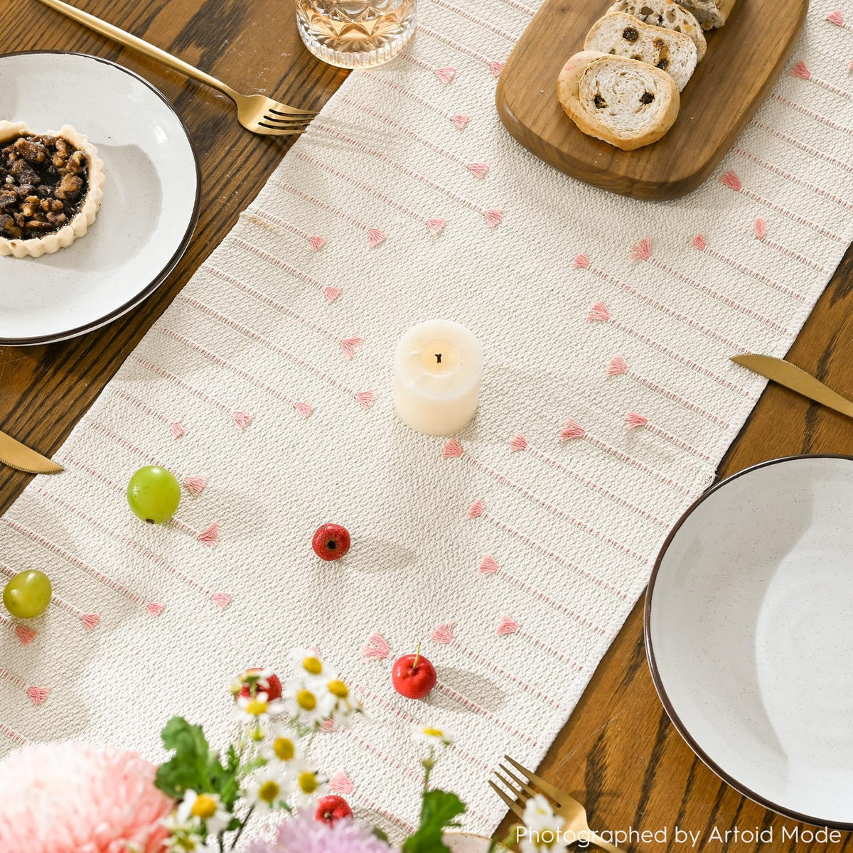 Artoid Mode Pink Boho Table Runner for Farmhouse Rustic，Seasonal Holiday Macrame Burlap Kitchen Dining Table Decoration for Home Party Decor 12x72 Inch