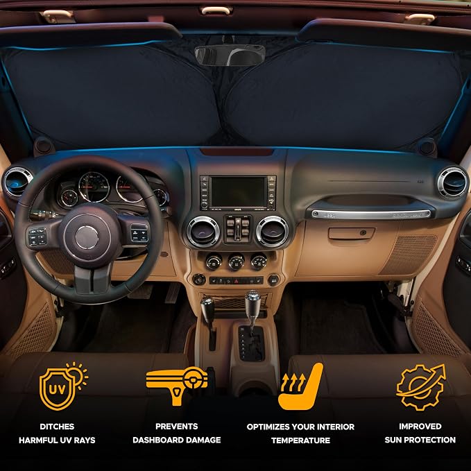 EcoNour Jeep Windshield Sunshade | Sun Visor for UV Rays & Heat Protection | Suitable for Wrangler, Gladiator | Jeep Accessories for Wrangler | X-Small - 60x21 Inches