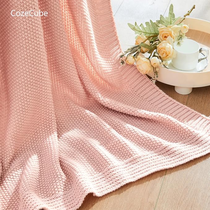 CozeCube Pink Seed Stitch Throw Blanket 50"x60", Farmhouse Decor | Blanket for Couch, Soft Cozy Cable Knit Throw for Bed Sofa Living Room, Lightweight Warm Decorative Christmas Blanket
