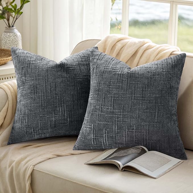 decorUhome Textured Chenille Throw Pillow Covers 24x24 Set of 2 Dark Grey | Fall Modern Farmhouse Soft Cozy Slubby Couch Pillow Cases Boho Decorative Pillow Cases for Bed Sofa Living Room Home Decor