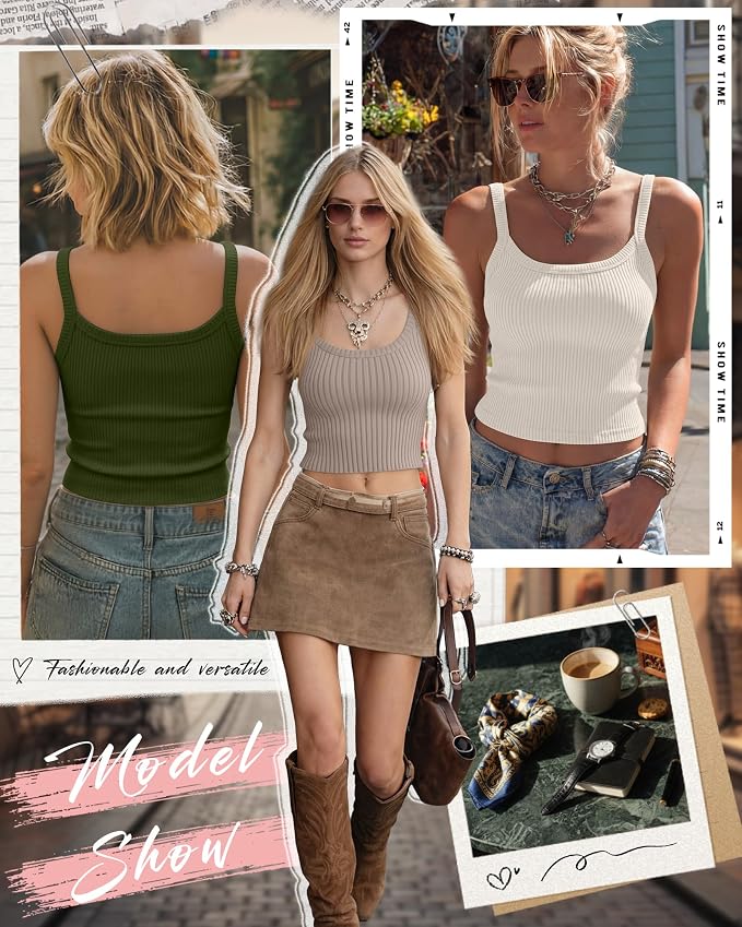 Ficerd 3 Pack Women's Tank Tops 95% Cotton Spaghetti Strap Ribbed Crop Camisole Slim Fitted Basic Summer Sleeveless Layer