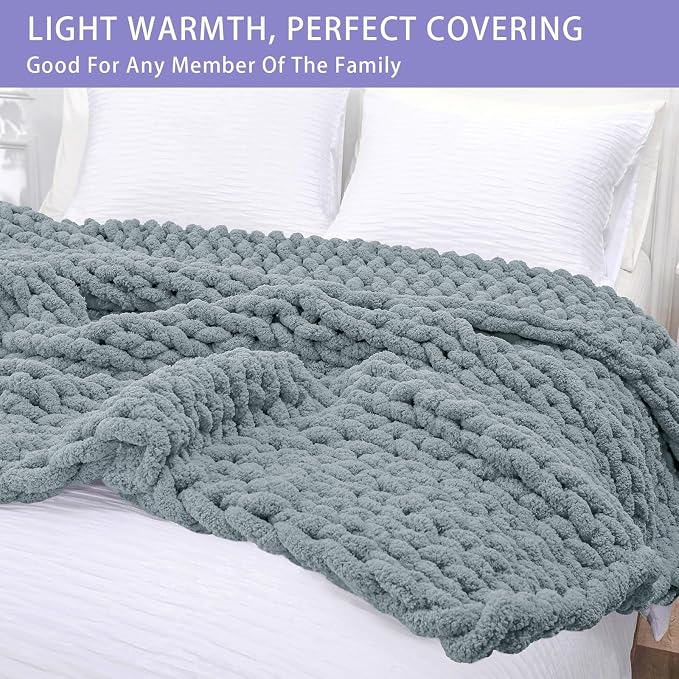 Bigacogo Chunky Knit Throw Blanket for Couch, 51x63 inches, Dusty Blue | Hand Knit with Jumbo Chenille, Soft Breathable Cable Knit for Sofa Bed Living Room, Machine Washable, Gift for Mom Friend