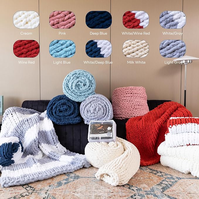 Chunky Knit Blanket - Luxury Soft Cozy 60 * 80 Throw Blanket,100% Woven Blanket Rope Knot Throw Blanket for Couch, Sofa, Home Decor, Gift - Machine Washable (White/Wine red, 60 * 80)