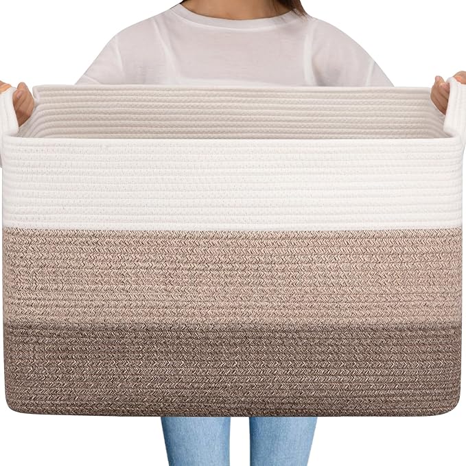 OIAHOMY Extra Large Blanket Basket, 95L Cotton Rope Woven Laundry Basket, Toy Bin for Baby Room, Container for Blanket Storage in Living Room, 24''×17''×14'', Gradient Brown