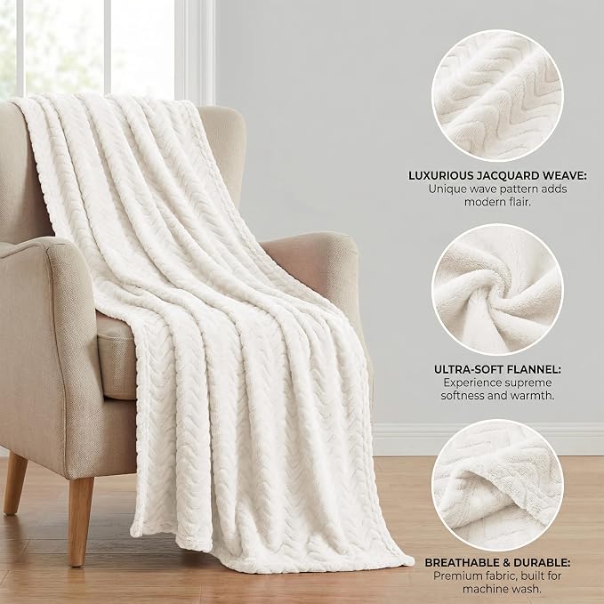 Exclusivo Mezcla Soft Fleece Blanket Twin Size for Bed, Sofa, Ivory | 90"x66" Breathable Lightweight Flannel Blanket for Summer, Plush Cozy Jacquard Wave for Home Decor