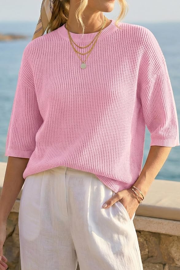Arach&Cloz Womens Summer 100% Cotton Oversized Crochet Tops 3/4 Length Sleeve Sweater Hollow Out Casual Blouses 2026