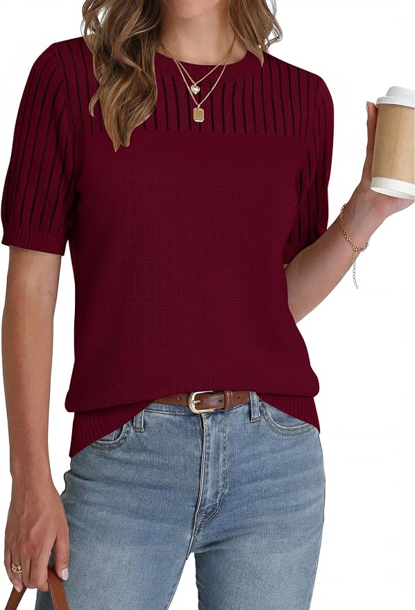 Zeagoo Women's Short Sleeve Sweater Tops 2026 Spring Summer Crew Neck Hollow Out Blouses Dressy Business Casual Outfits