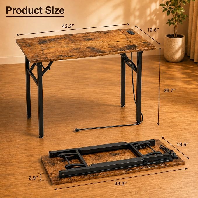 Folding Table Computer Desk - 43.3" No Assembly Folding Desk with Power Outlets & USB Charging Port, Small Desk, Foldable Office Desk, Compact Storage Portable Use for Small Space, Rustic Brown