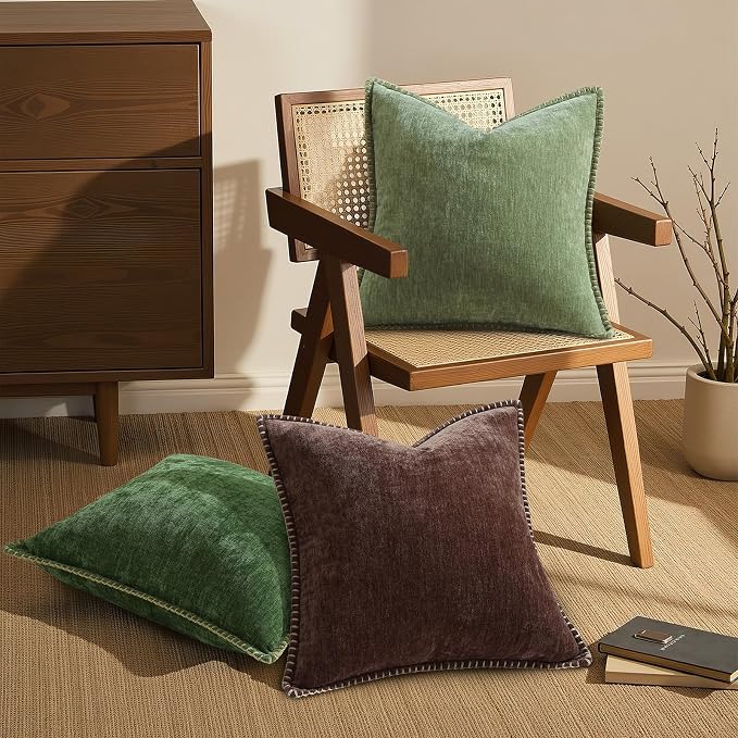 decorUhome Soft Chenille Throw Pillow Covers 16x16 Set of 2 Olive Green | Fall Textured Decorative Throw Pillow Cases Stitched Edge Modern Farmhouse Luxury Boho Velvet for Couch Sofa Bed Home Decor