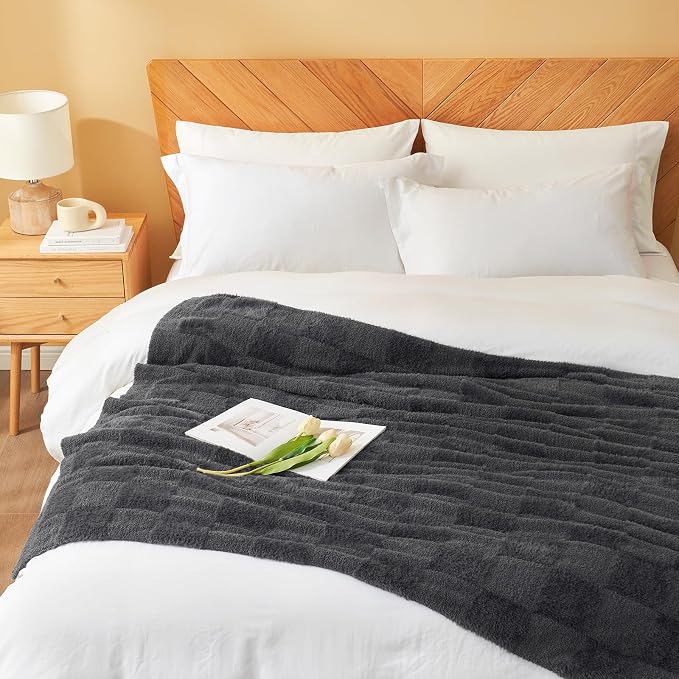 Snuggle Sac Faux Fur Checkered Blanket Twin Size with Soft Knitted Microfiber Fabric,Cozy Soft Warm Blanket for Sofa Bedroom Living Room,Solid Dark Grey,60x80 inches