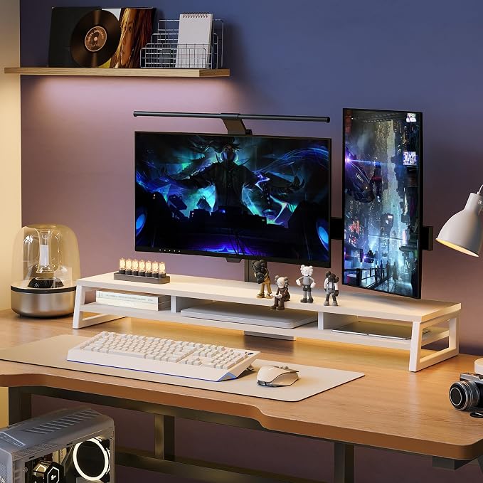 Fenge Dual Monitor Stand for Desk, 42.5in Large Monitor Riser for 2 Monitors, 2 Tier Computer Office Desk Top Shelf, Desktop Storage Stand for Laptop, PC, Computer, Printer
