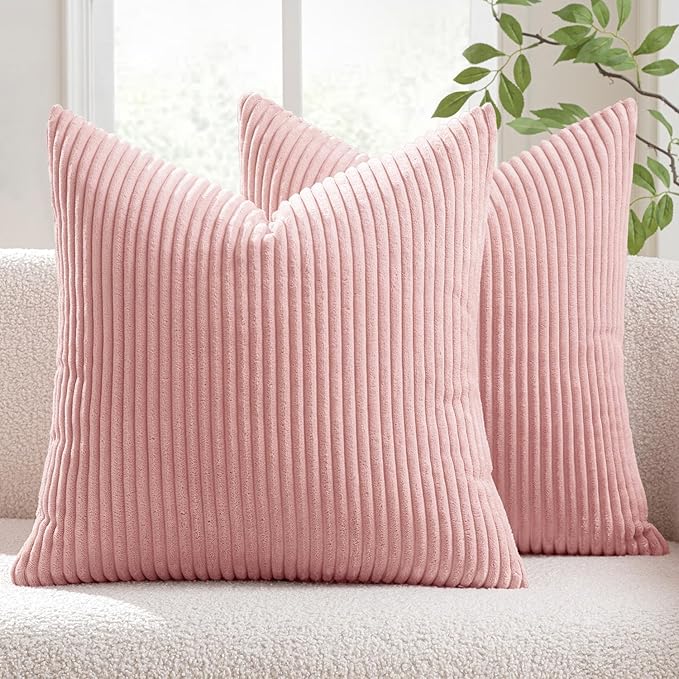MIULEE Decorative Corduroy Throw Pillow Covers Set of 2 20x20 Pink | Soft Striped Textured Cushion Cases, Boho Square Lovely Cute Pillowcases, Home Decor for Couch Chair Sofa Bed Living Room