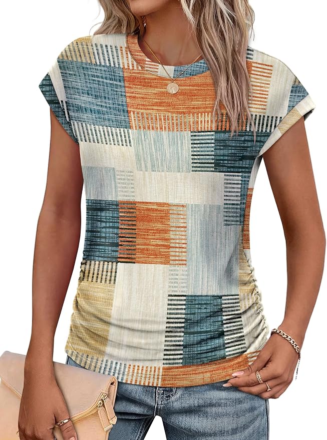 Sampeel Womens Summer Tops Trendy 2026 Ruched Cap Short Sleeve Tshirts Shirts Crew Neck T Shirts Fashion