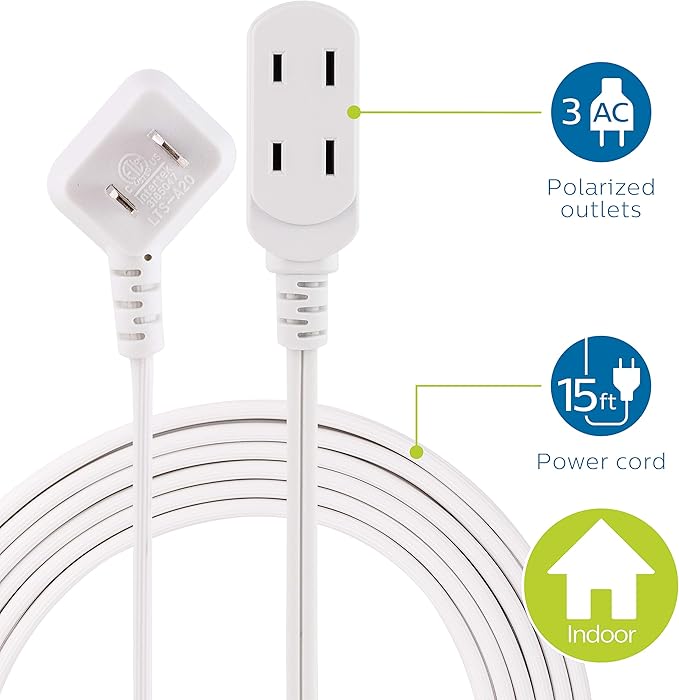 Philips Extension Cord 3-Outlet 15 Ft | Flat Plug | Safety Slide | White | Pack of 12