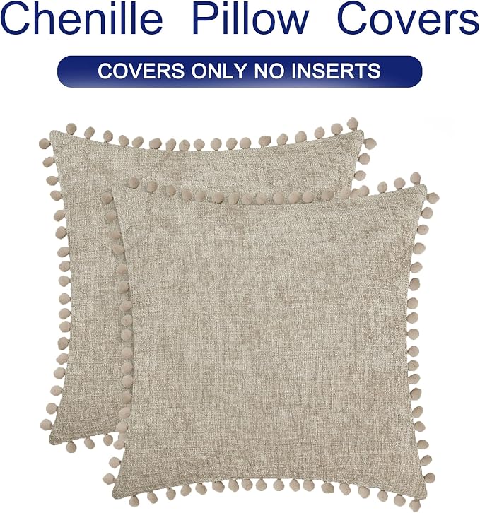 CaliTime Decorative Couch Throw Pillow Covers 22 X 22 Inches Taupe | Pack of 2, Cozy Chenille Cushion Cases, with Pom Poms for Sofa Bed Living Room Farmhouse Home