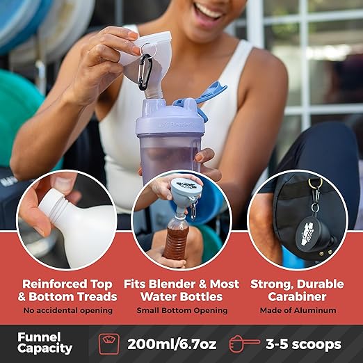 Protein Powder Funnel Set - Travel Protein Powder Container to Go with Carabiner & Reinforced Caps to Stop Spills - Protein & Pre Workout Powder Supplement Funnel for Bottles & Shakers - 4 Pack
