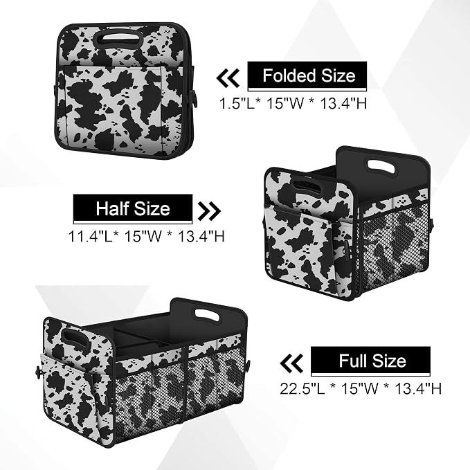Femuar Car Trunk Organizer,Car Storage Organizer with 72L Large Capacity Waterproof Collapsible and 11 Pockets,Trunk Organizer for Car Suv/Jeep/Sedan, Large Size, Cow print