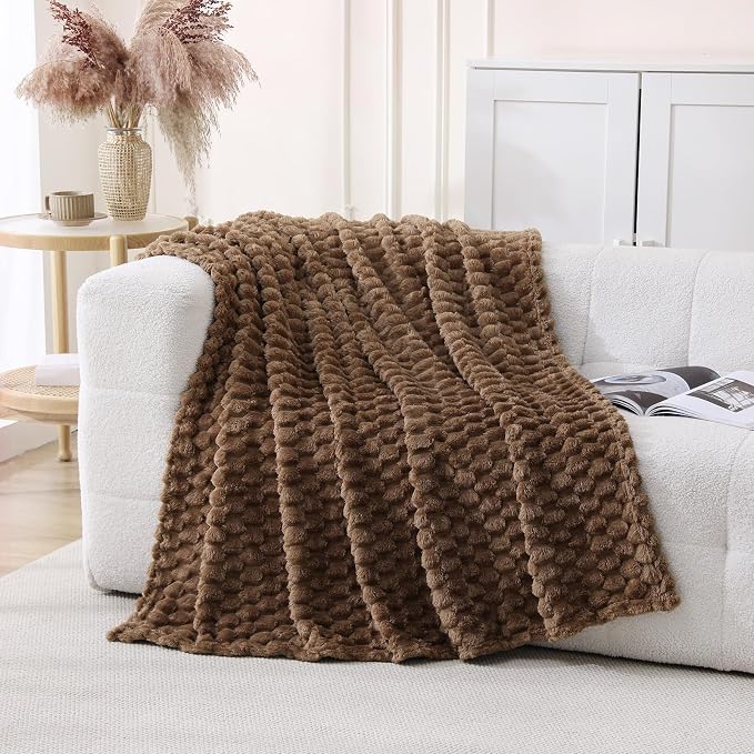 Brown Fleece Throw Blanket 60”×80” for Couch Sofa Bed Super Soft Cozy Plush Microfiber Flannel Blanket with 3D Jacquard Decorative Lightweight for Mom Woman