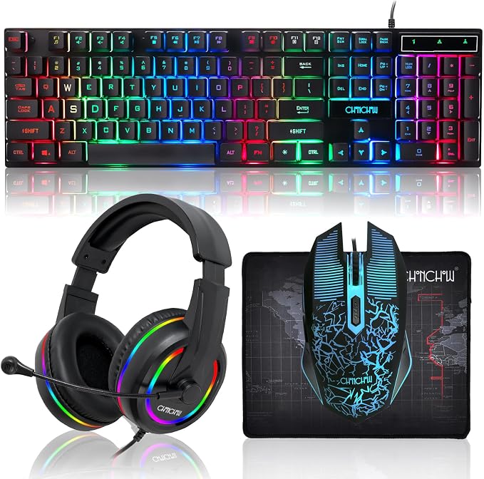 Gaming LED Keyboard Mouse Headset and Mousepad Bundle,Wired Rainbow | LED Light Up Gaming Keyboard Mouse Headset, Value 4 In 1 Game Set for Xbox PS4 PS5 PC Laptop Gamer