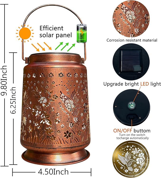 KY&BOSAM Solar Hummingbird Lanterns Outdoor Waterproof, Metal Openwork LED Hanging Solar Lights Outside Decorative for Yard Patio Backyard Deck Porch Garden Decor Birthday Gifts for Women Mom Grandma