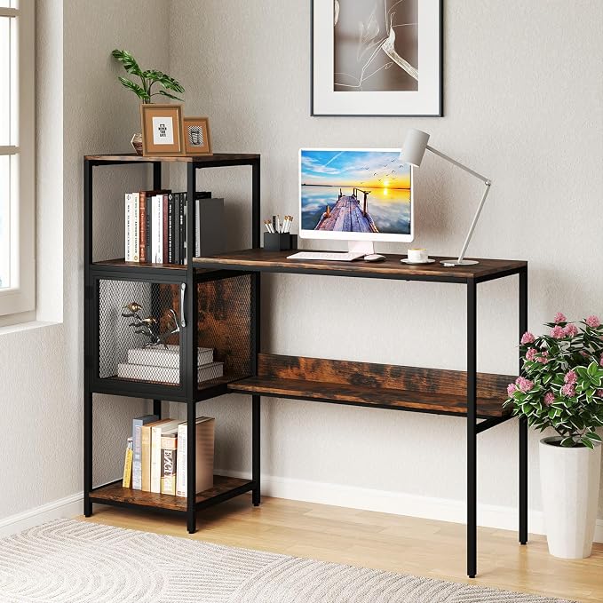Giantex Computer Desk with Bookshelf, Modern Computer Workstation Home Office Desk with Storage Cabinet & Shelves, Metal Frame, Study Writing Desk for Small Space, Bedroom, Rustic Brown