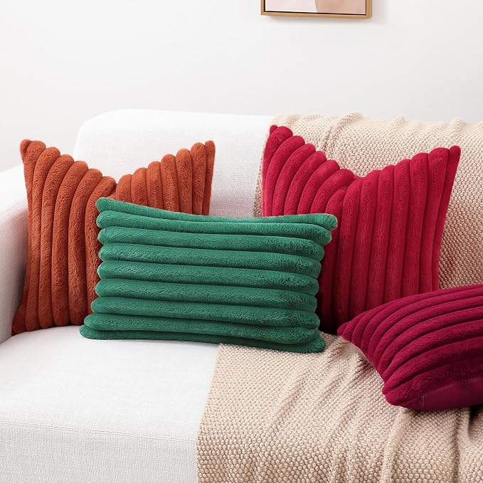 decorUhome Fall Faux Fur Throw Pillow Covers 22x22 Set of 2 Red | Decorative Soft Cozy Striped Plush Modern Farmhouse Boho Couch Pillow Cases Velvet Back for Sofa Bed Living Room Home Decor