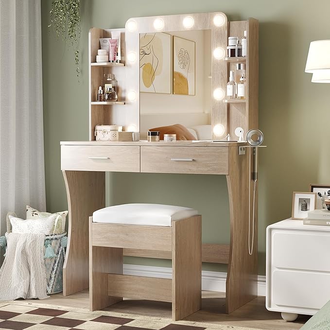 Vabches Vanity Desk with Mirror and Lights,Makeup Vanity Table with Charging Station,2 Drawer Bedroom Dressing Table with 3 Colors Modes Dimming & Cushioned Stool,Natural Oak