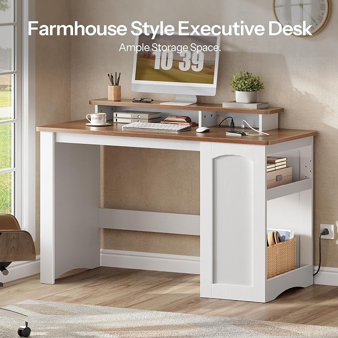 HOOBRO Farmhouse Computer Desk, Office Desk with Charging Station, Executive Desk with Monitor Stand & Adjustable Shelf, Small Desk for Small Space, Study, Living Room, White and Walnut WH85UDN01