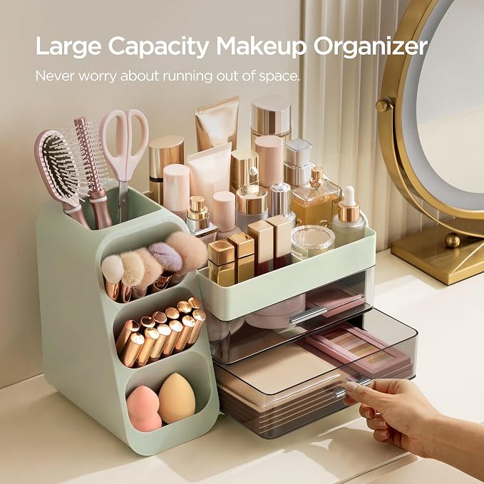 HBlife Makeup Organizer with Brush Holder for Vanity, Large Plastic Bathroom Countertop Organizer Skin Care Storage, Easy to Store Lipsticks, Nail Polishes, Perfumes, Eyeshadow Palettes, Green