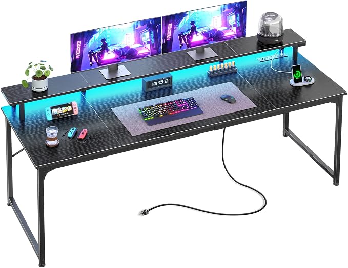 PRAISUN 63 inch Gaming Desk, LED & Power Outlets, Monitor Stand, Black | Sturdy PC Desk for Home Office, Study & Work, LED Lights, 4 AC Outlets & USB-C Charging Station