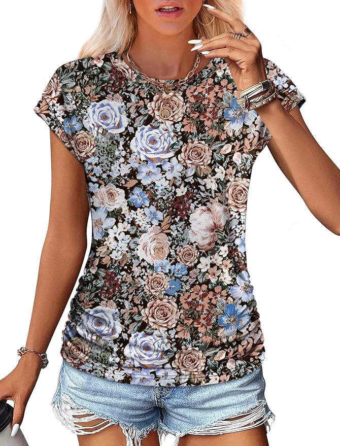 Sampeel Womens Summer Tops Trendy 2026 Ruched Cap Short Sleeve Tshirts Shirts Crew Neck T Shirts Fashion