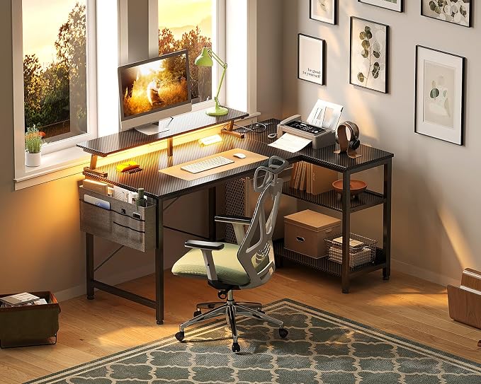 ODK 40 Inch L Shaped Gaming Desk with LED Lights, Power Outlets, Black | Adjustable Monitor Stand, Open Storage Shelves, Hanging Side Bag, PC Tower Stand, Reversible Layout for Gaming