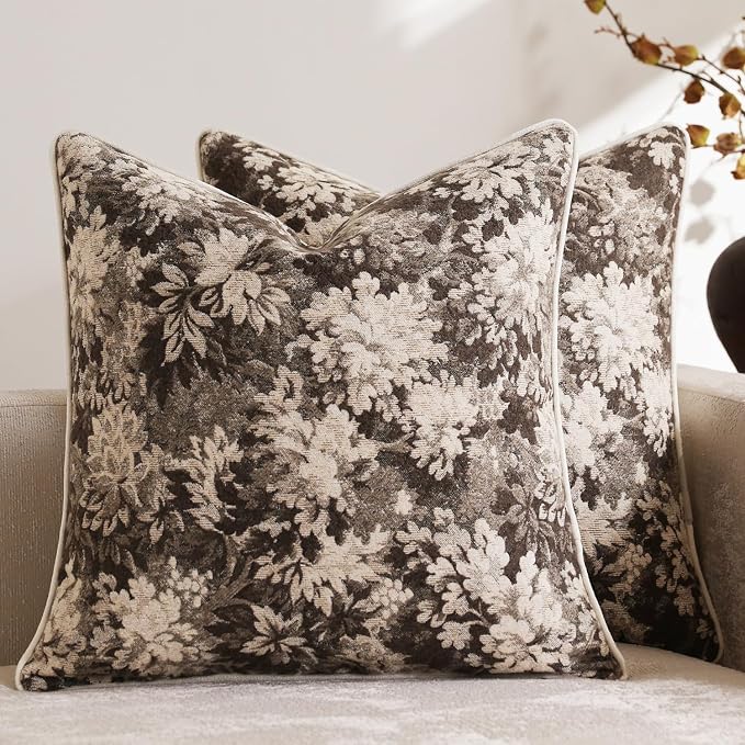 Pack of 2 Vintage Floral Euro Sham Covers 24x24 Boho Farmhouse Accents Chenille Square Decorative Throw Pillow Cases for Living Room Couch Bed Home Decor, Grey