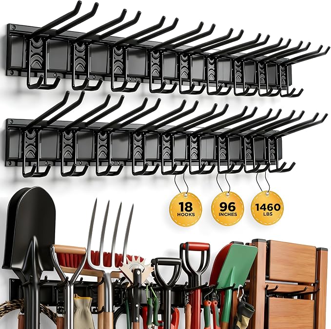 ELEAD 18-Pairs Heavy Duty Garage Tool Organizer Wall Mount Hooks, 96 Inches 1460 lbs Garden Tool Organizer with Adjustable Hooks for Garden, Yard, and Shed