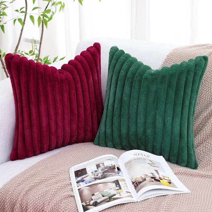 decorUhome Fall Faux Fur Throw Pillow Covers 20x20 Set of 2 Christmas Green | Decorative Soft Cozy Striped Plush Modern Farmhouse Boho Couch Pillow Cases Velvet Back for Sofa Bed Living Room Home Decor