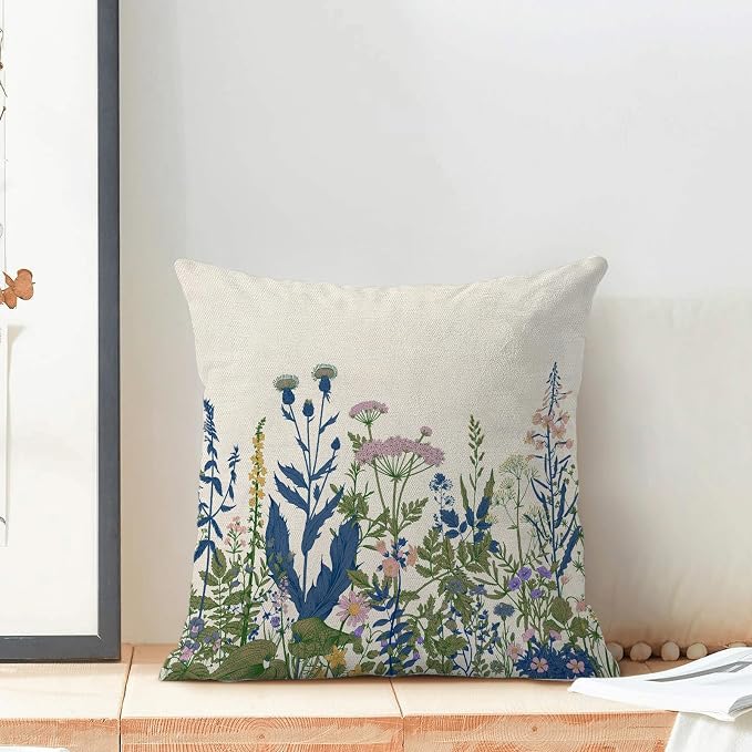 AEIOAE Navy Blue Teal Pillow Covers 18x18 Inch Set of 2, Spring Wildflower Plant Throw Pillows Case,Seasonal Floral Outdoor Decorative Flowers Farmhouse Decor Cushion Covers for Home Sofa Bed Couch