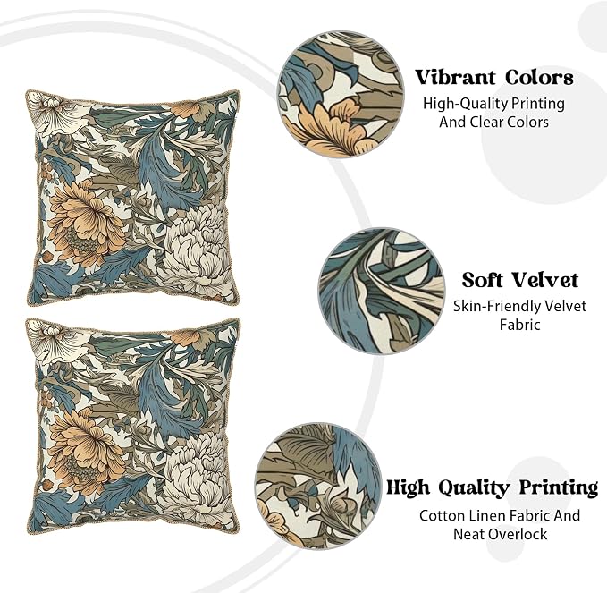 KSLIDS Vintage Flowers Soft Velvet Throw Pillow Covers Set of 2 Floral Plant Leaves Decorative Pillow Covers 16x16 Inch Yellow White Flowers Pillow Case for Sofa Couch Bedroom Farmhouse Home Decor