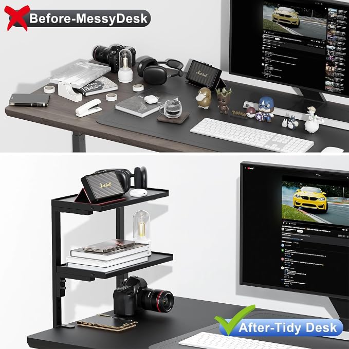 Spacrea 2 Tier Clamp on Desk Shelf | Office Desk Shelves Organizer, Wood Desktop Supplies Storage Rack, Desk Organizers and Accessories (Black)