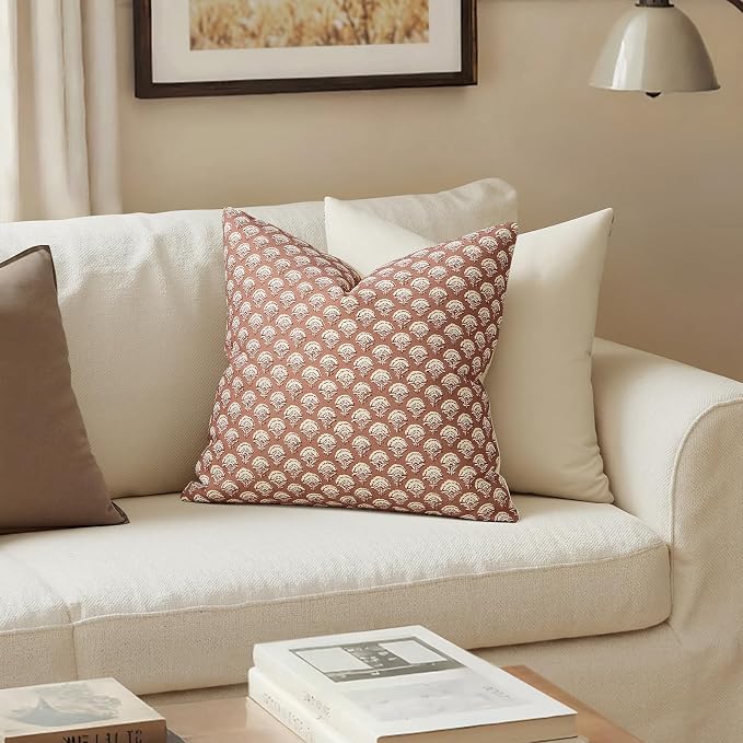 MIULEE Floral Print Decorative Pillow Covers 20x20, Almond | Vintage Boho Farmhouse Modern Home Decor, Set of 2, Block Print Cushion Covers for Couch Sofa Bed Living Room