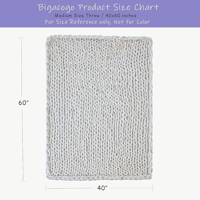 Bigacogo Chunky Knit Throw Blanket for Couch, 40x60 inches, Fog Blue | Hand Knit with Jumbo Chenille, Soft Breathable Cable Knit for Sofa Bed Living Room, Machine Washable, Gift for Mom Friend
