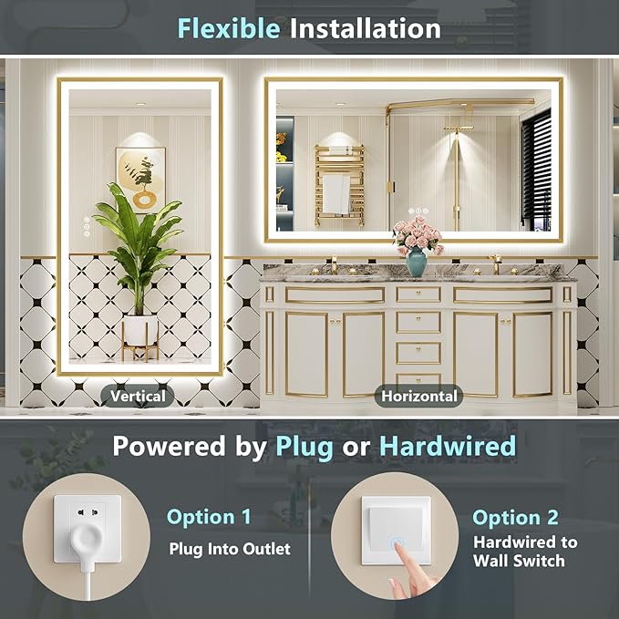 72x36 Gold Beveled LED Bathroom Mirror with Lights, Brushed Gold Framed Backlit and Front Lit Anti-Fog Lighted Vanity Mirrors for Bathroom Wall, Dimmable, 3 Colors, Memory, HD Tempered Glass